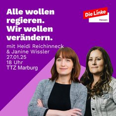Zwei Frauen vor einem lila Hintergrund, "Die Linke" Logo oben rechts