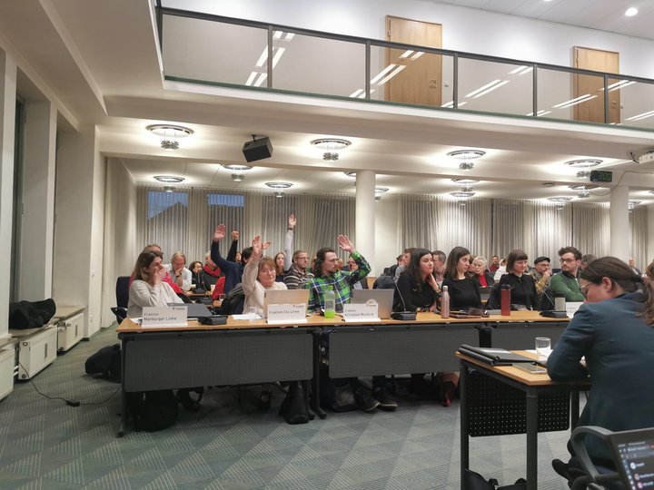Blick auf einen Teil der Abgeordneten des Marburger Stadtparlaments, konzentriert auf die Fraktion Die Linke.