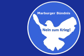 Logo des Marburger Friedensbündnisses: In blauem Kreis eine weiße Taube in deren Flügeln auf blau "Nein zum Krieg!" steht.