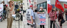 Bilderserie mit (links) Renate Bastian, die eine Rede an einem Mikrofon hält, (Mitte) zwei Männern, die Plakate mit Forderungen vor dem Körper tragen und (rechts) zwei Personen miteinander im Gespräch und roten DIE LINKE Fahnen