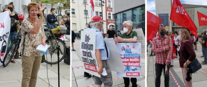Bilderserie mit (links) Renate Bastian, die eine Rede an einem Mikrofon hält, (Mitte) zwei Männern, die Plakate mit Forderungen vor dem Körper tragen und (rechts) zwei Personen miteinander im Gespräch und roten DIE LINKE Fahnen