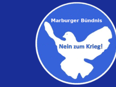 Logo des Marburger Friedensbündnisses: In blauem Kreis eine weiße Taube in deren Flügeln auf blau "Nein zum Krieg!" steht.