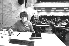 Vorne im Fokus ist Renate Bastian, die Fraktionsvorsitzende der Marburger Linken, zu sehen. Dahinter die weiteren Fraktionsmitglieder während einer Sitzung der Stadtverordnetenversammlung im Erwin-Piscator-Haus.